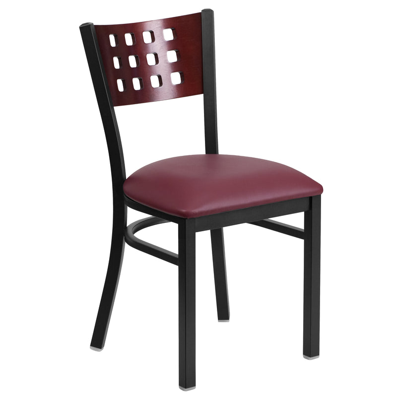 SINGLEWAVE Series Black Cutout Back Metal Restaurant Chair - Mahogany Wood Back, Burgundy Vinyl Seat