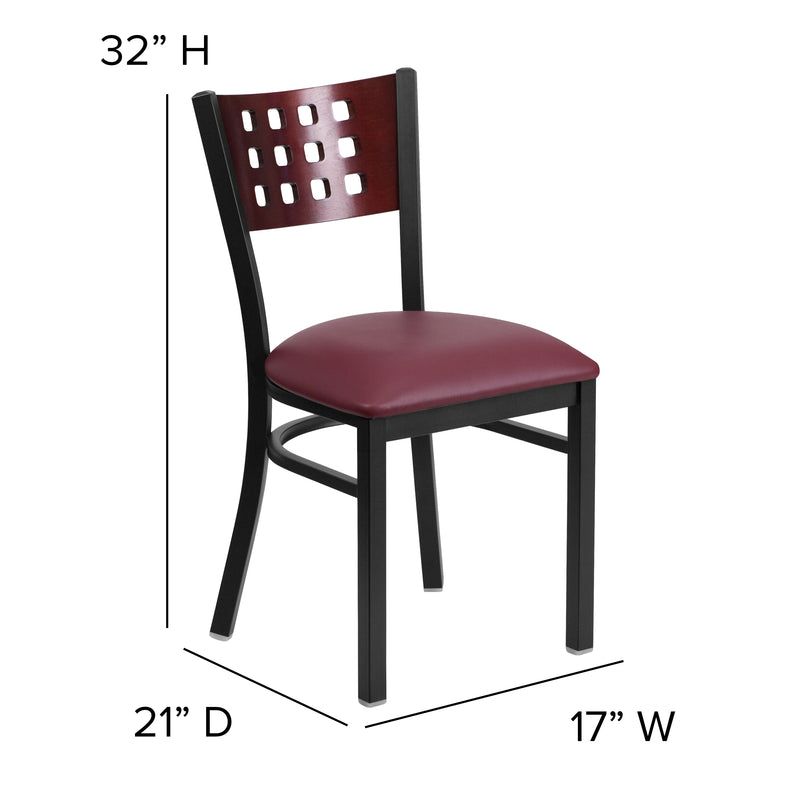 SINGLEWAVE Series Black Cutout Back Metal Restaurant Chair - Mahogany Wood Back, Burgundy Vinyl Seat