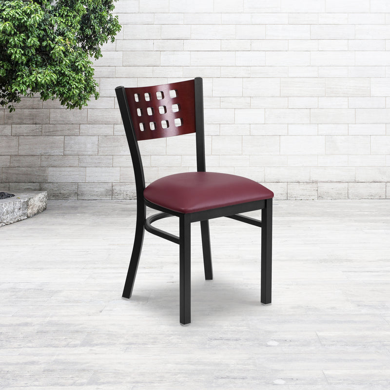 SINGLEWAVE Series Black Cutout Back Metal Restaurant Chair - Mahogany Wood Back, Burgundy Vinyl Seat