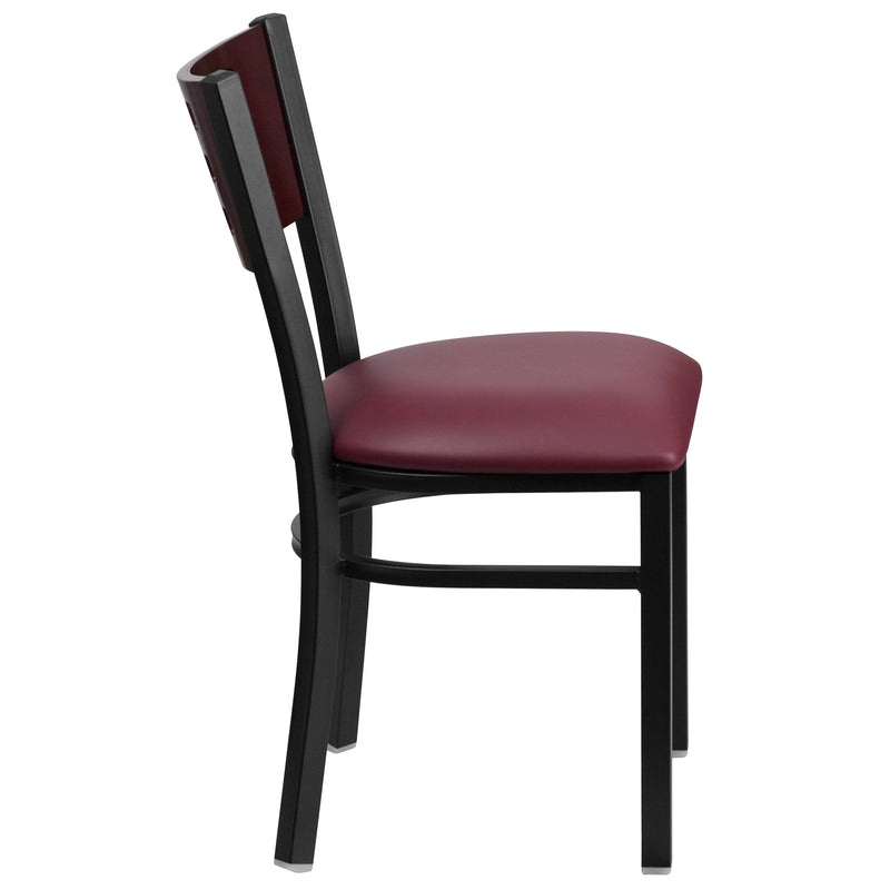 SINGLEWAVE Series Black Cutout Back Metal Restaurant Chair - Mahogany Wood Back, Burgundy Vinyl Seat