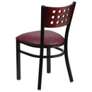SINGLEWAVE Series Black Cutout Back Metal Restaurant Chair - Mahogany Wood Back, Burgundy Vinyl Seat