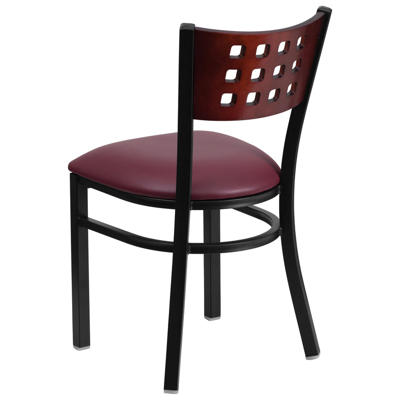 SINGLEWAVE Series Black Cutout Back Metal Restaurant Chair - Mahogany Wood Back, Burgundy Vinyl Seat