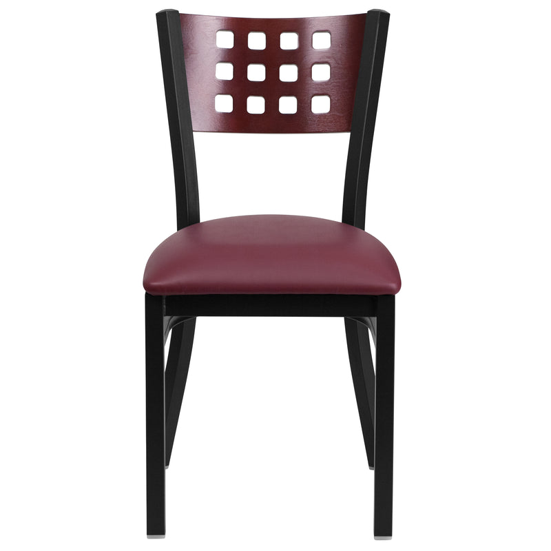 SINGLEWAVE Series Black Cutout Back Metal Restaurant Chair - Mahogany Wood Back, Burgundy Vinyl Seat