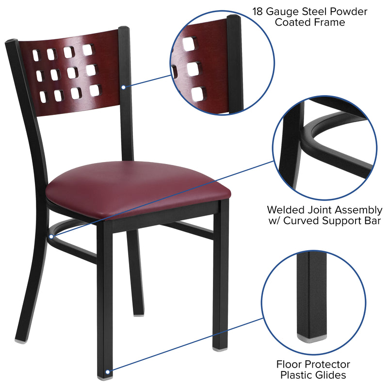 SINGLEWAVE Series Black Cutout Back Metal Restaurant Chair - Mahogany Wood Back, Burgundy Vinyl Seat