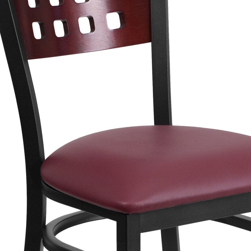 SINGLEWAVE Series Black Cutout Back Metal Restaurant Chair - Mahogany Wood Back, Burgundy Vinyl Seat