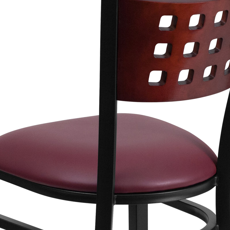 SINGLEWAVE Series Black Cutout Back Metal Restaurant Chair - Mahogany Wood Back, Burgundy Vinyl Seat