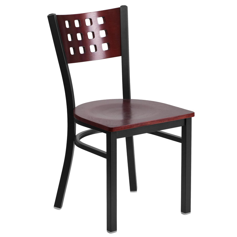 SINGLEWAVE Series Black Cutout Back Metal Restaurant Chair - Mahogany Wood Back & Seat