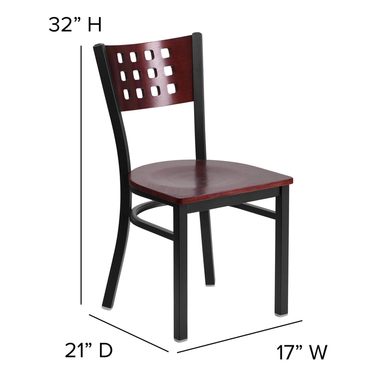 SINGLEWAVE Series Black Cutout Back Metal Restaurant Chair - Mahogany Wood Back & Seat