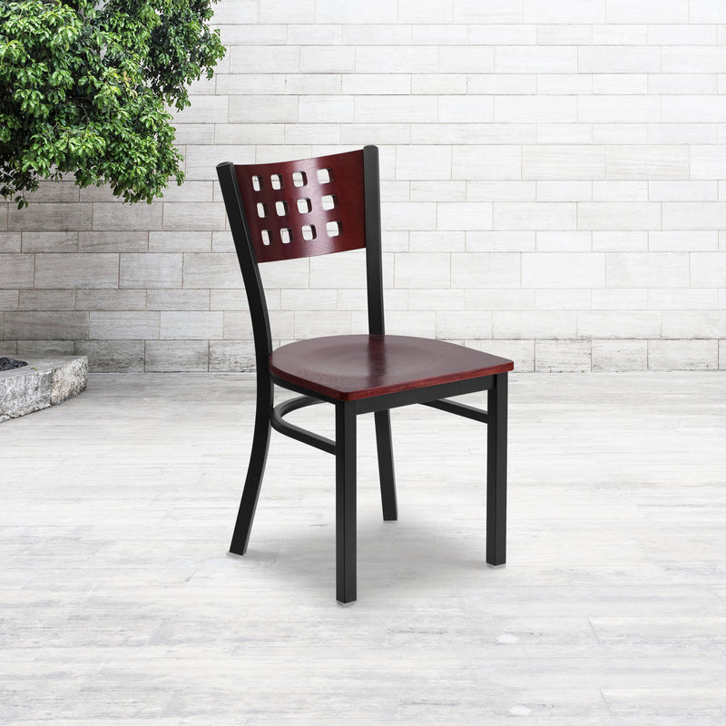 SINGLEWAVE Series Black Cutout Back Metal Restaurant Chair - Mahogany Wood Back & Seat