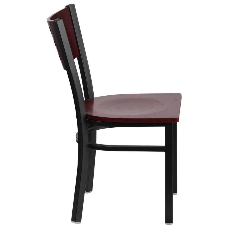 SINGLEWAVE Series Black Cutout Back Metal Restaurant Chair - Mahogany Wood Back & Seat