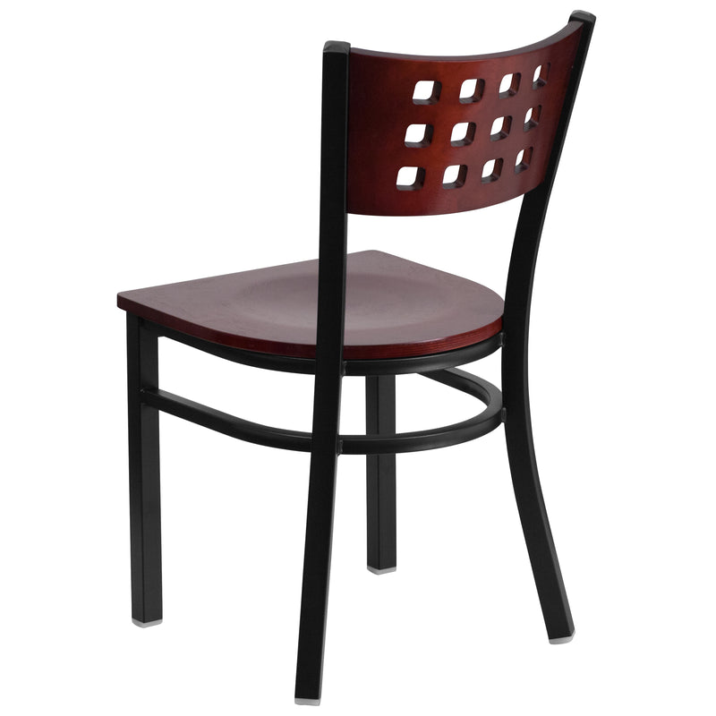 SINGLEWAVE Series Black Cutout Back Metal Restaurant Chair - Mahogany Wood Back & Seat