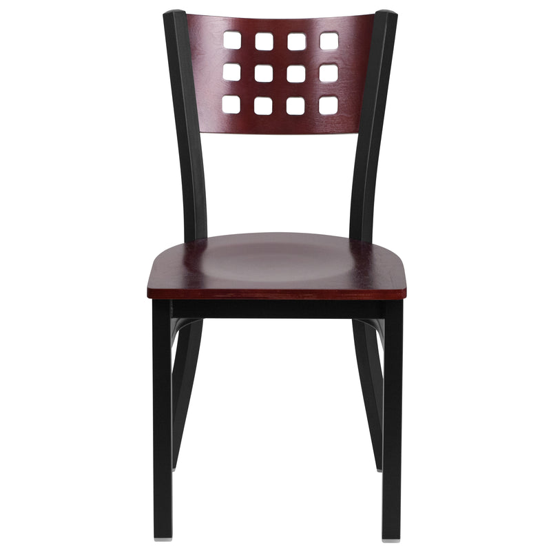 SINGLEWAVE Series Black Cutout Back Metal Restaurant Chair - Mahogany Wood Back & Seat