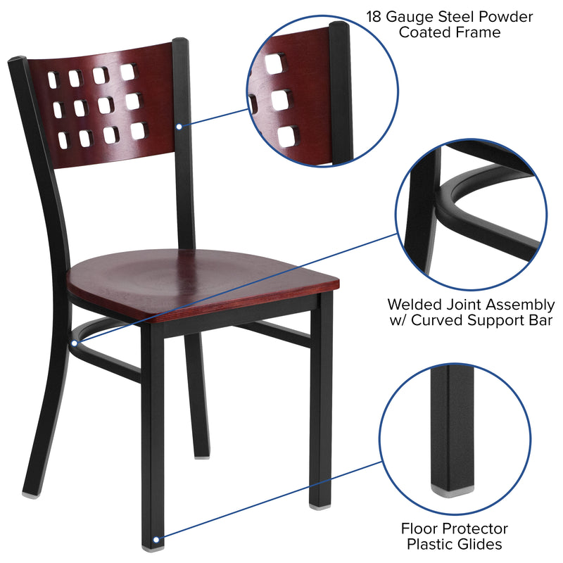 SINGLEWAVE Series Black Cutout Back Metal Restaurant Chair - Mahogany Wood Back & Seat