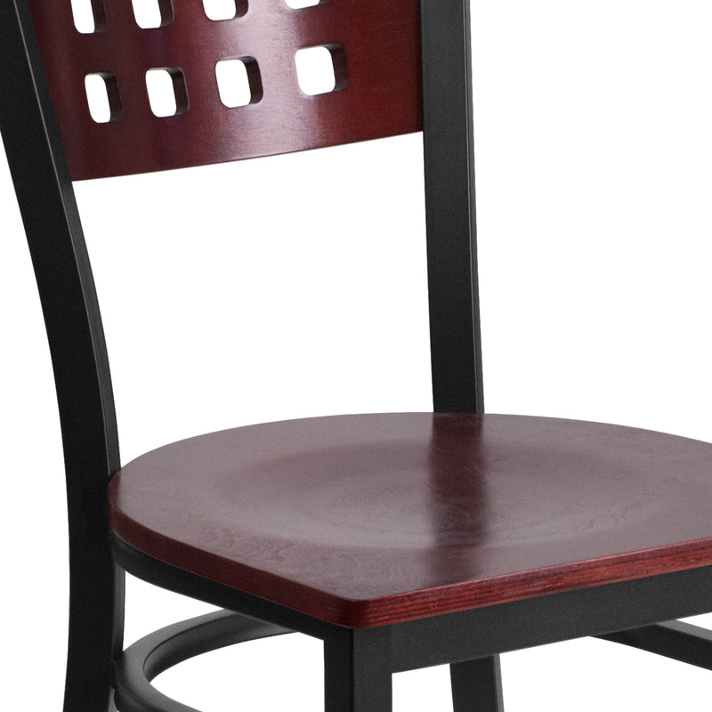 SINGLEWAVE Series Black Cutout Back Metal Restaurant Chair - Mahogany Wood Back & Seat