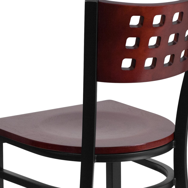 SINGLEWAVE Series Black Cutout Back Metal Restaurant Chair - Mahogany Wood Back & Seat