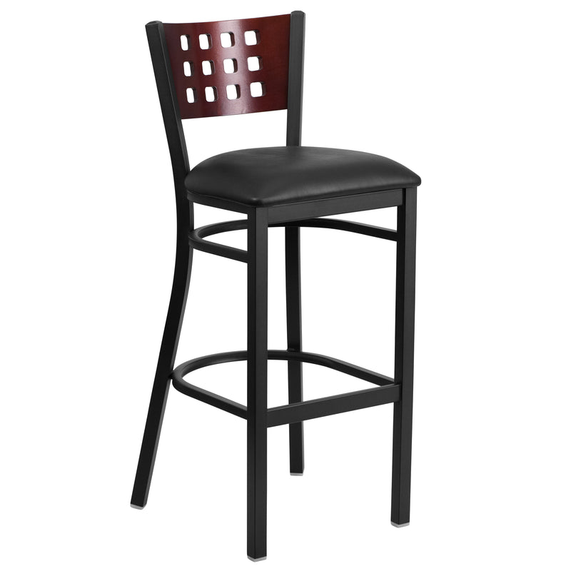 SINGLEWAVE Series Black Cutout Back Metal Restaurant Barstool - Mahogany Wood Back, Black Vinyl Seat