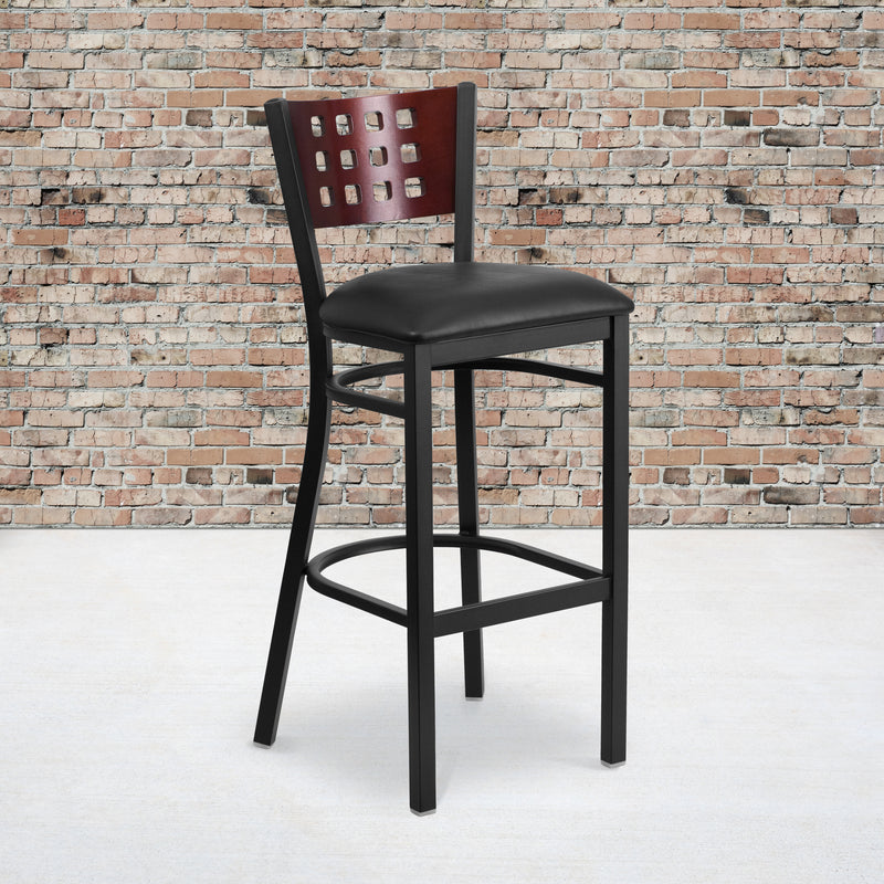 SINGLEWAVE Series Black Cutout Back Metal Restaurant Barstool - Mahogany Wood Back, Black Vinyl Seat