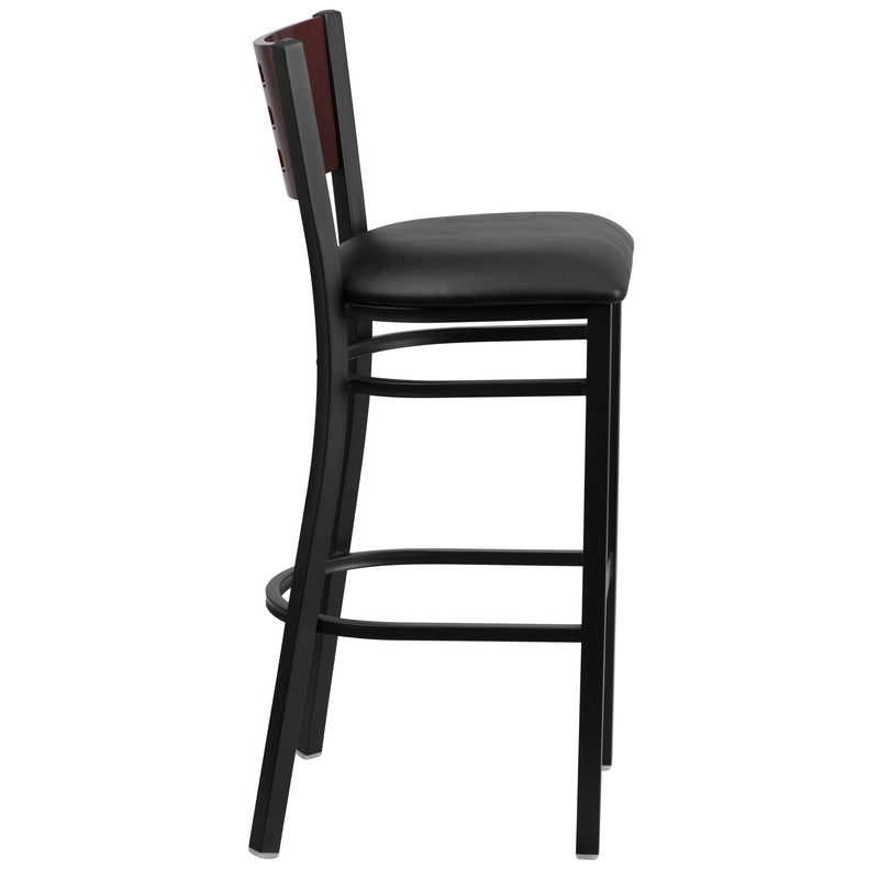 SINGLEWAVE Series Black Cutout Back Metal Restaurant Barstool - Mahogany Wood Back, Black Vinyl Seat