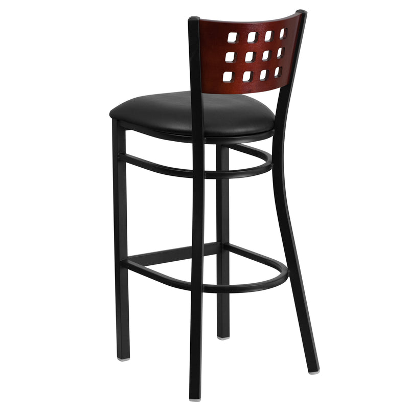 SINGLEWAVE Series Black Cutout Back Metal Restaurant Barstool - Mahogany Wood Back, Black Vinyl Seat