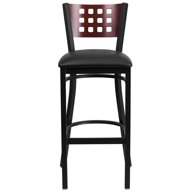 SINGLEWAVE Series Black Cutout Back Metal Restaurant Barstool - Mahogany Wood Back, Black Vinyl Seat