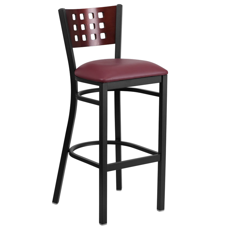 SINGLEWAVE Series Black Cutout Back Metal Restaurant Barstool - Mahogany Wood Back, Burgundy Vinyl Seat