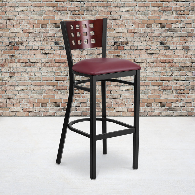 SINGLEWAVE Series Black Cutout Back Metal Restaurant Barstool - Mahogany Wood Back, Burgundy Vinyl Seat