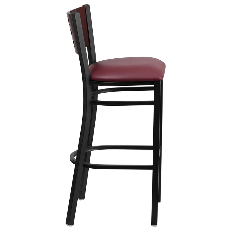 SINGLEWAVE Series Black Cutout Back Metal Restaurant Barstool - Mahogany Wood Back, Burgundy Vinyl Seat