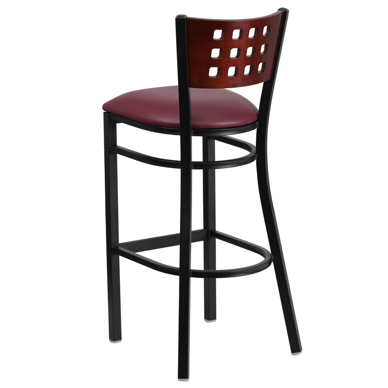 SINGLEWAVE Series Black Cutout Back Metal Restaurant Barstool - Mahogany Wood Back, Burgundy Vinyl Seat