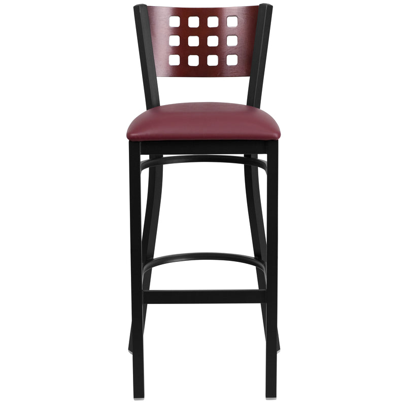 SINGLEWAVE Series Black Cutout Back Metal Restaurant Barstool - Mahogany Wood Back, Burgundy Vinyl Seat