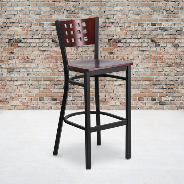 SINGLEWAVE Series Black Cutout Back Metal Restaurant Barstool - Mahogany Wood Back & Seat