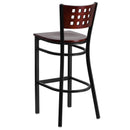 SINGLEWAVE Series Black Cutout Back Metal Restaurant Barstool - Mahogany Wood Back & Seat