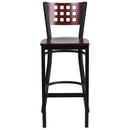 SINGLEWAVE Series Black Cutout Back Metal Restaurant Barstool - Mahogany Wood Back & Seat