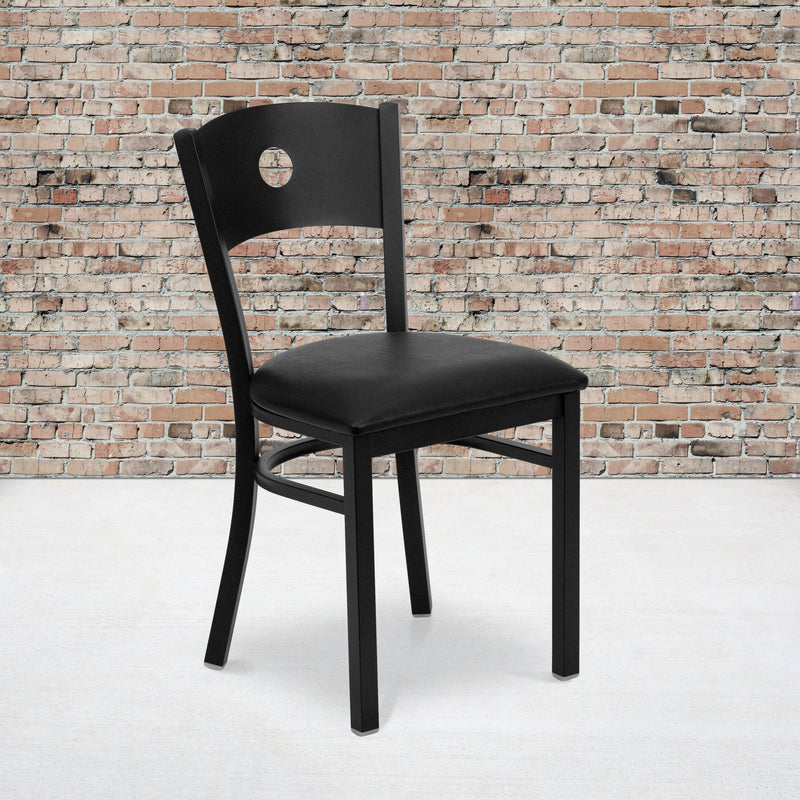 SINGLEWAVE Series Black Circle Back Metal Restaurant Chair - Black Vinyl Seat