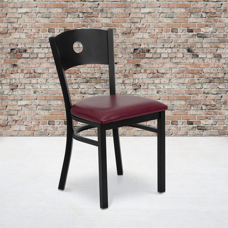 SINGLEWAVE Series Black Circle Back Metal Restaurant Chair - Burgundy Vinyl Seat