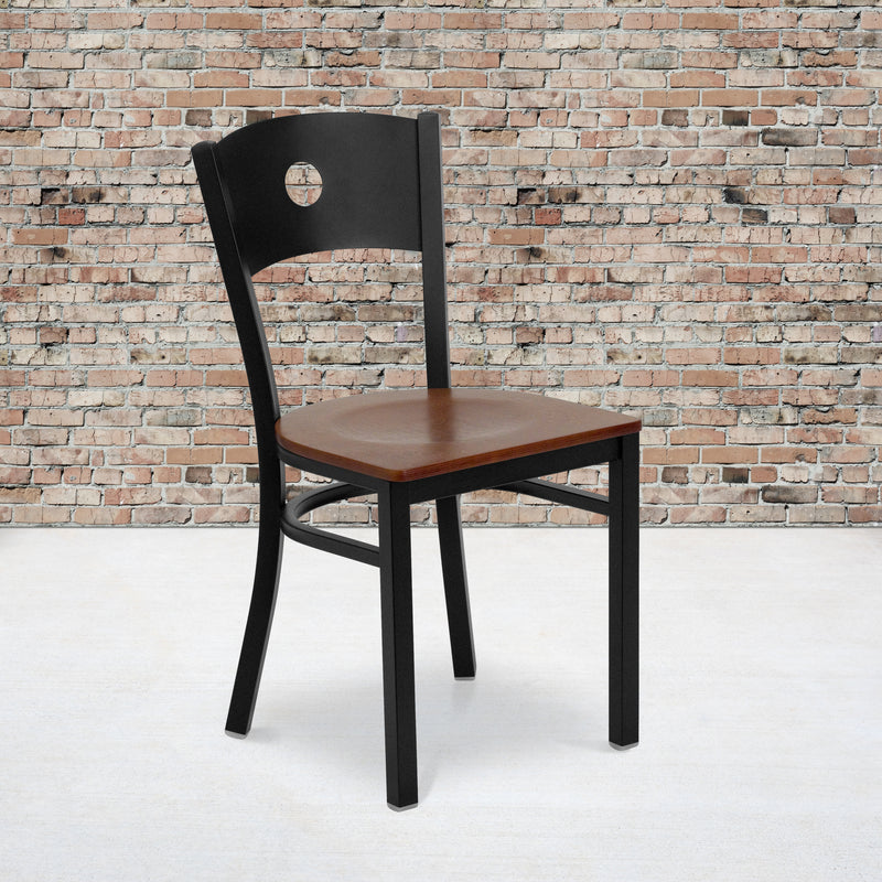 SINGLEWAVE Series Black Circle Back Metal Restaurant Chair - Cherry Wood Seat