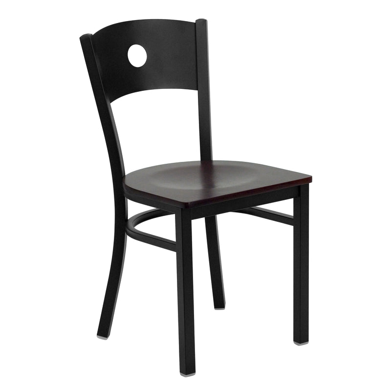 SINGLEWAVE Series Black Circle Back Metal Restaurant Chair - Mahogany Wood Seat