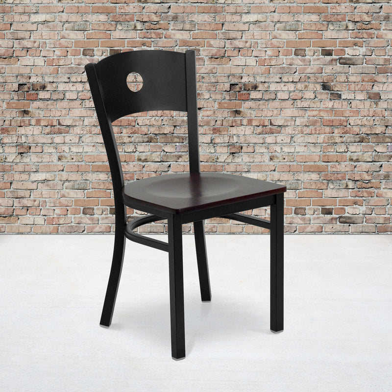 SINGLEWAVE Series Black Circle Back Metal Restaurant Chair - Mahogany Wood Seat