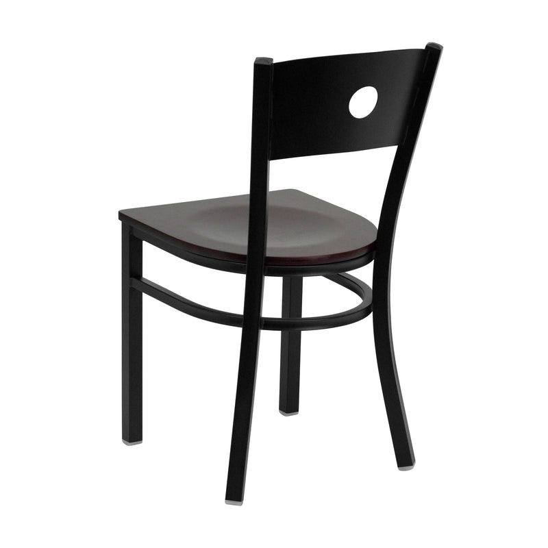 SINGLEWAVE Series Black Circle Back Metal Restaurant Chair - Mahogany Wood Seat