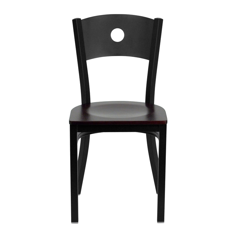 SINGLEWAVE Series Black Circle Back Metal Restaurant Chair - Mahogany Wood Seat