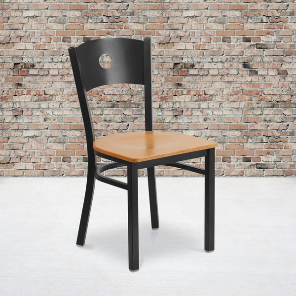 SINGLEWAVE Series Black Circle Back Metal Restaurant Chair - Natural Wood Seat