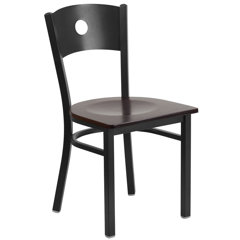 SINGLEWAVE Series Black Circle Back Metal Restaurant Chair - Walnut Wood Seat