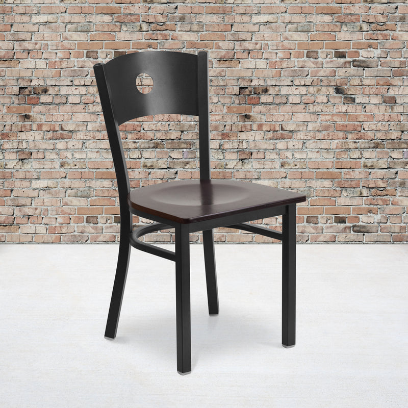 SINGLEWAVE Series Black Circle Back Metal Restaurant Chair - Walnut Wood Seat