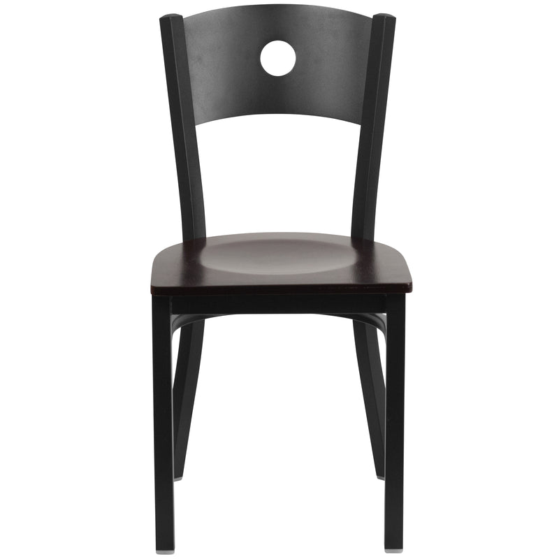 SINGLEWAVE Series Black Circle Back Metal Restaurant Chair - Walnut Wood Seat