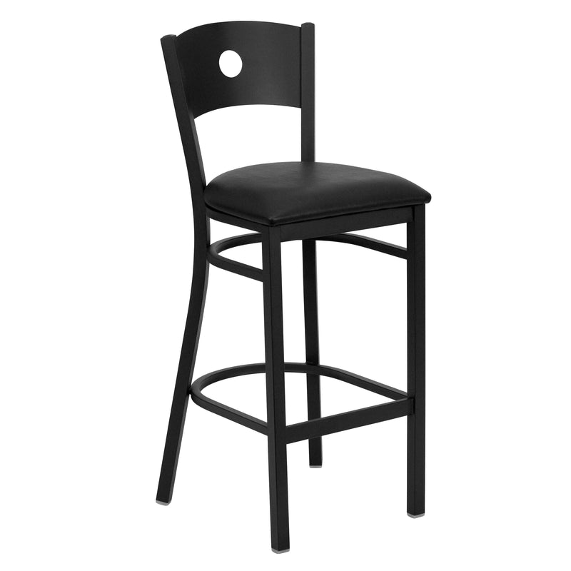 SINGLEWAVE Series Black Circle Back Metal Restaurant Barstool - Black Vinyl Seat