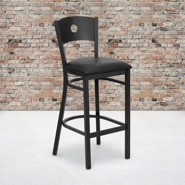 SINGLEWAVE Series Black Circle Back Metal Restaurant Barstool - Black Vinyl Seat