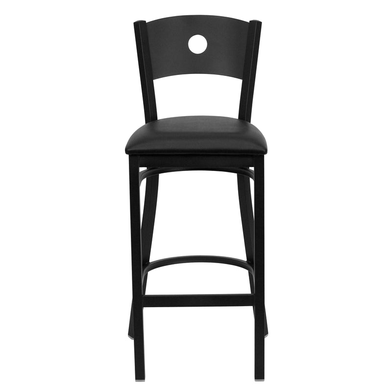 SINGLEWAVE Series Black Circle Back Metal Restaurant Barstool - Black Vinyl Seat