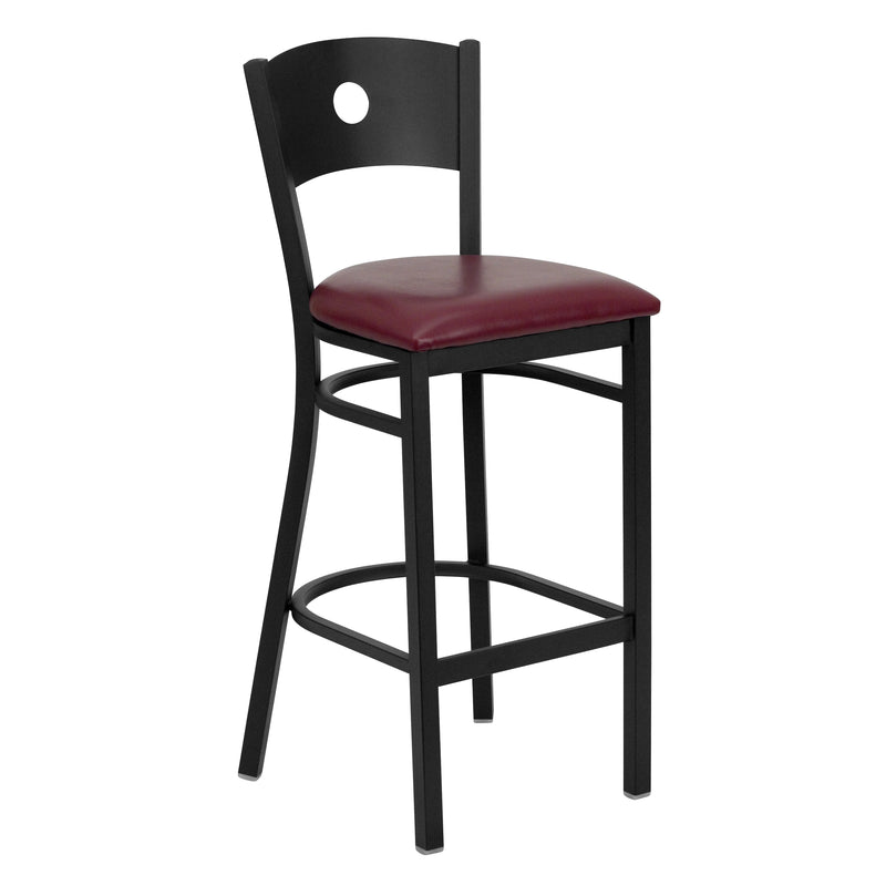 SINGLEWAVE Series Black Circle Back Metal Restaurant Barstool - Burgundy Vinyl Seat