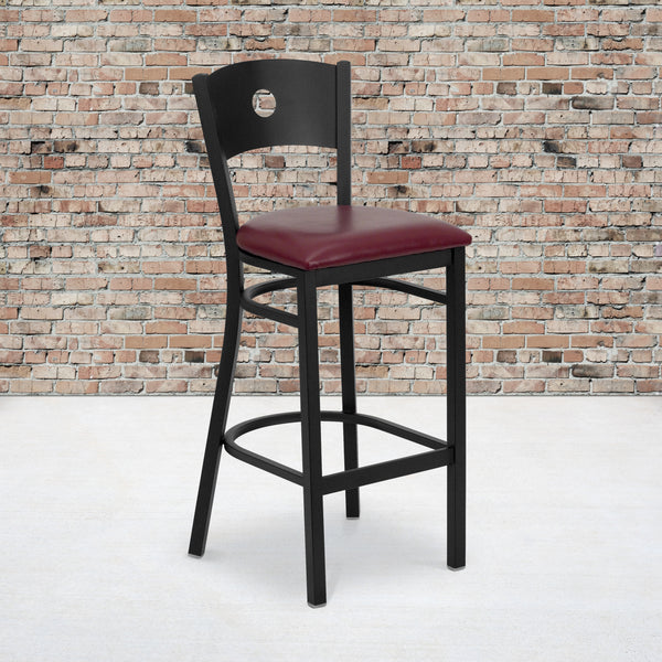 SINGLEWAVE Series Black Circle Back Metal Restaurant Barstool - Burgundy Vinyl Seat