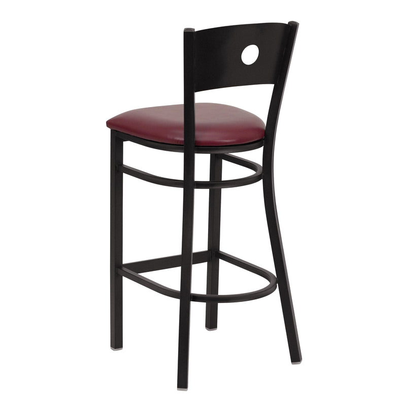 SINGLEWAVE Series Black Circle Back Metal Restaurant Barstool - Burgundy Vinyl Seat