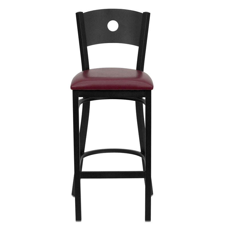 SINGLEWAVE Series Black Circle Back Metal Restaurant Barstool - Burgundy Vinyl Seat